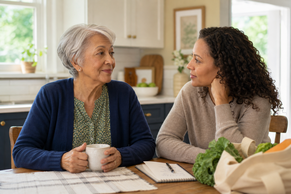 Aging parent and adult daughter discussing signs a parent needs in-home care
